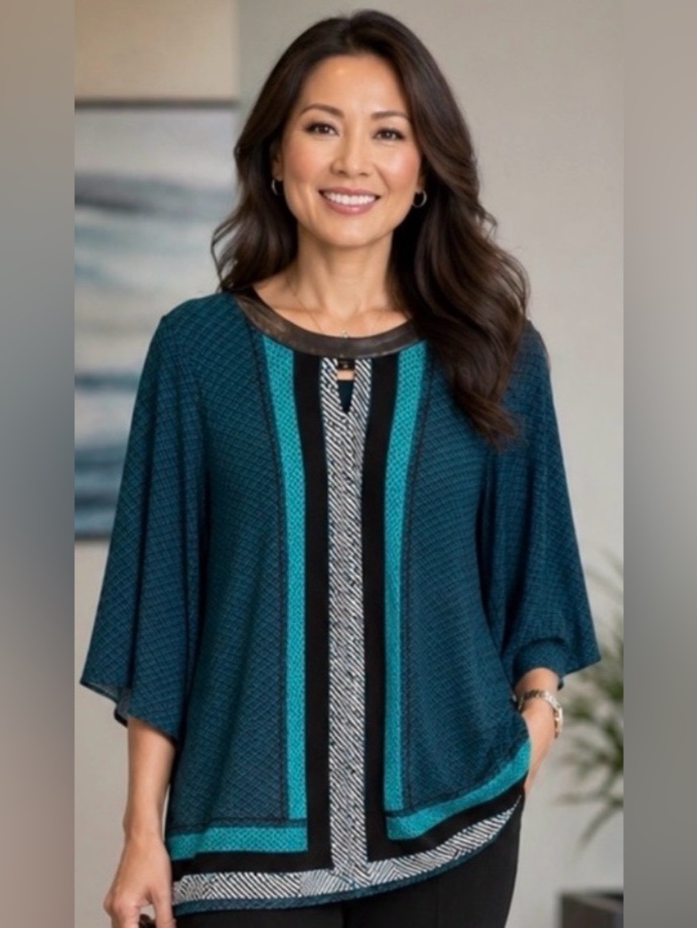 Top Alfani 🌹 Faux Leather Trim Teal &  Black Tunic W/print